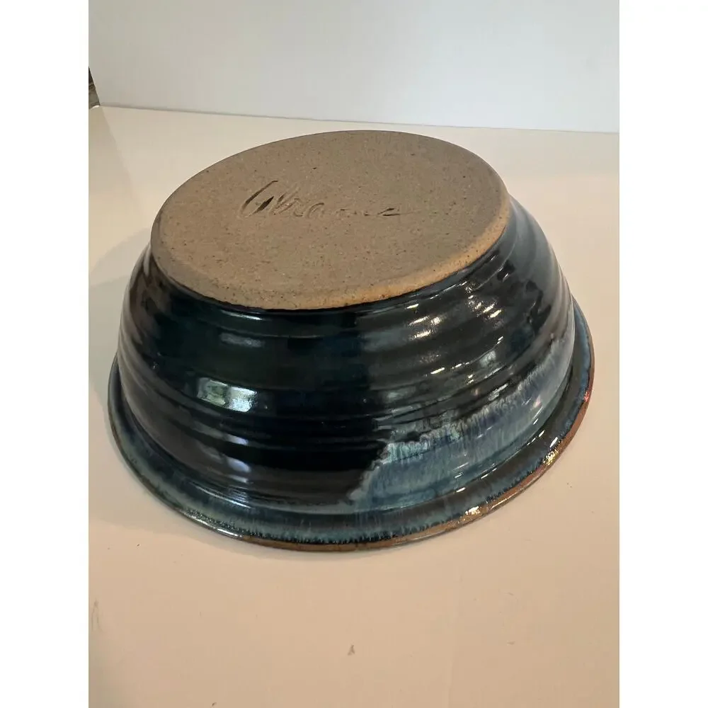 Vintage Signed Abreu's Studio Glazed Pottery Decorative Serving Bowl Blue JL